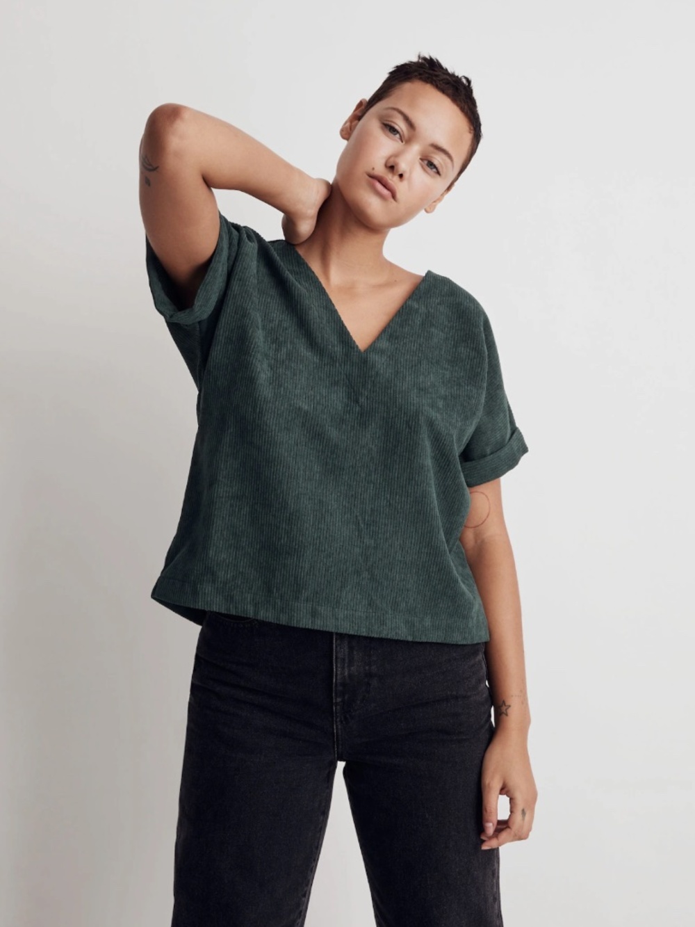 Madewell Corduroy V-Neck Top with Back Buttons, Size L
